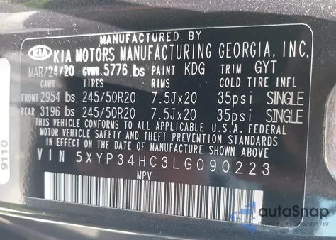 2020 Kia Telluride Ex z USA, uszkodzony, nr VIN 5XYP34HC3LG090223